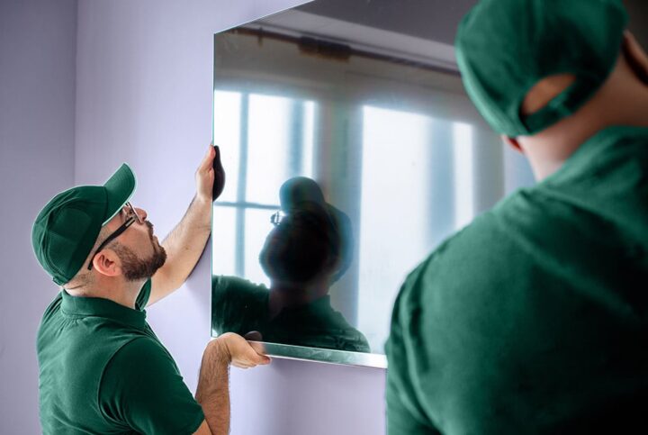 Zwei Männer montieren einen Fernseher an der Wand